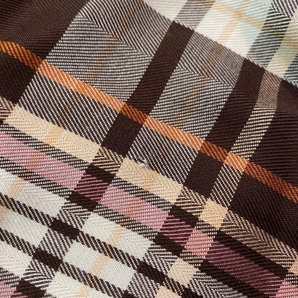 Chico’s Brown Orange Pink Plaid Long Sleeve Ruffle Button Up Top - Picture 6 of 6